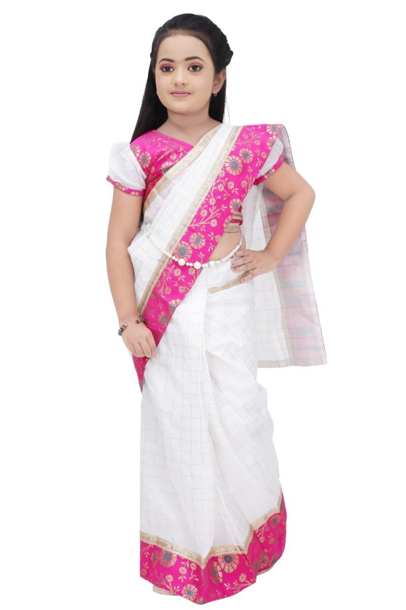 Girls Pink and White Traditional Saree Dress – Ethnic Festival Wear for Kids