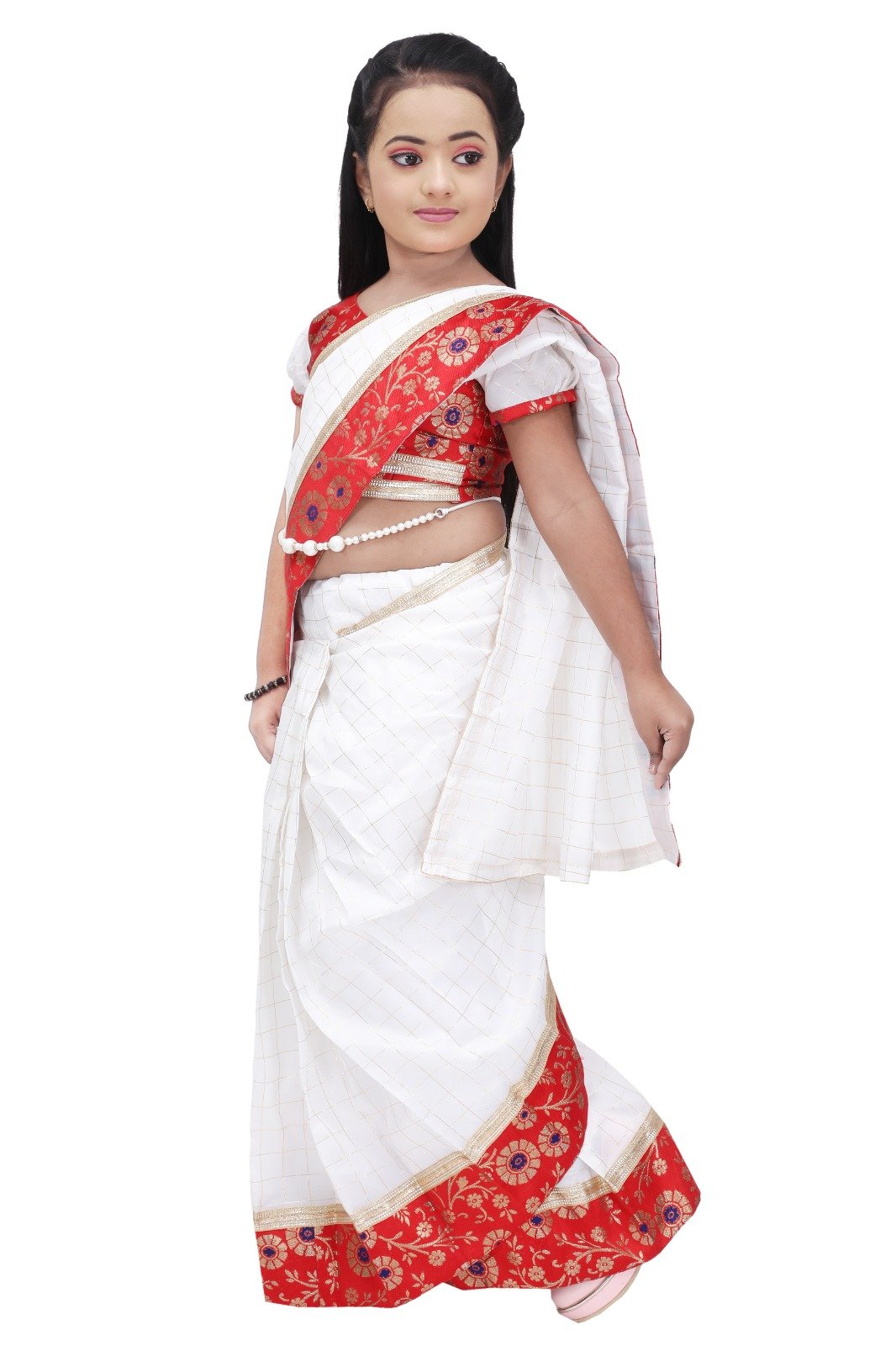 Girls Red and White Traditional Saree Dress – Ethnic Festival Wear for Kids