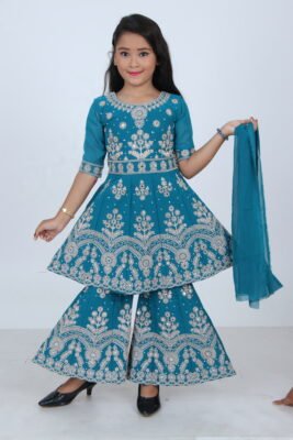 Girls Teal Embroidered Ethnic Set Green Dupatta
