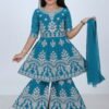 Girls Teal Embroidered Ethnic Set Green Dupatta