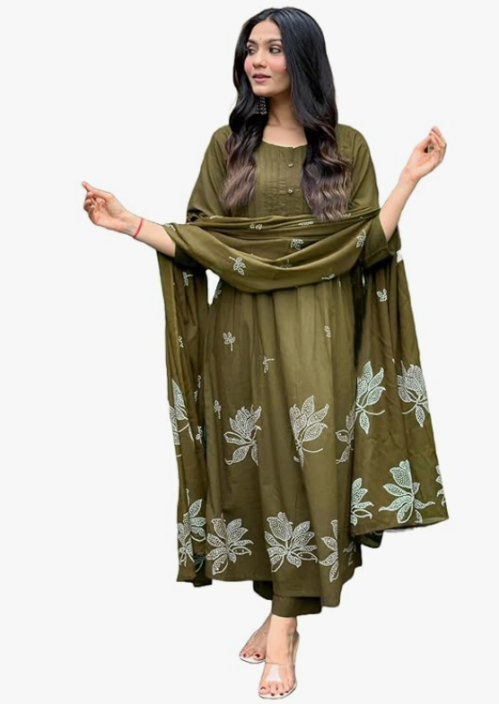 Women's Rayon Blend Anarkali Printed Kurta with Pant & Dupatta | Ethnic Kurta Pant Dupatta Set for Women