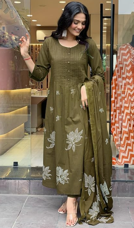 Alternative view of Women's Rayon Blend Anarkali Printed Kurta with Pant & Dupatta | Ethnic Kurta Pant Dupatta Set for Women