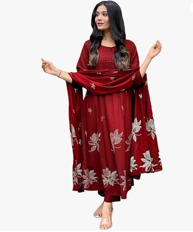 Women's Rayon Blend Anarkali Printed Kurta with Pant & Dupatta | Ethnic Kurta Pant Dupatta Set for Women