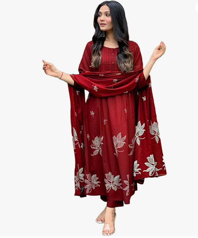 Women's Rayon Blend Anarkali Printed Kurta with Pant & Dupatta | Ethnic Kurta Pant Dupatta Set for Women