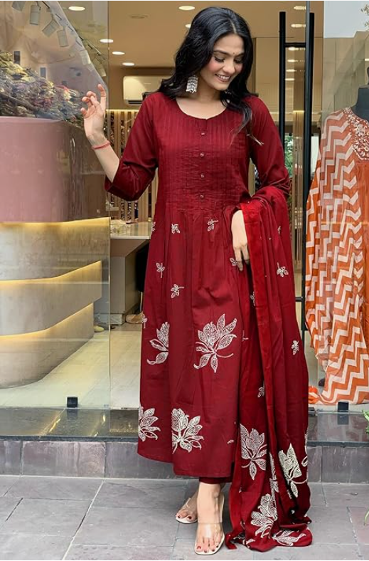 Alternative view of Women's Rayon Blend Anarkali Printed Kurta with Pant & Dupatta | Ethnic Kurta Pant Dupatta Set for Women