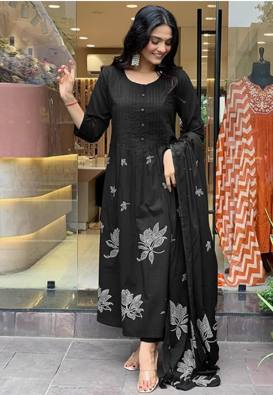 Alternative view of Women's Rayon Blend Anarkali Printed Kurta with Pant & Dupatta | Ethnic Kurta Pant Dupatta Set for Women