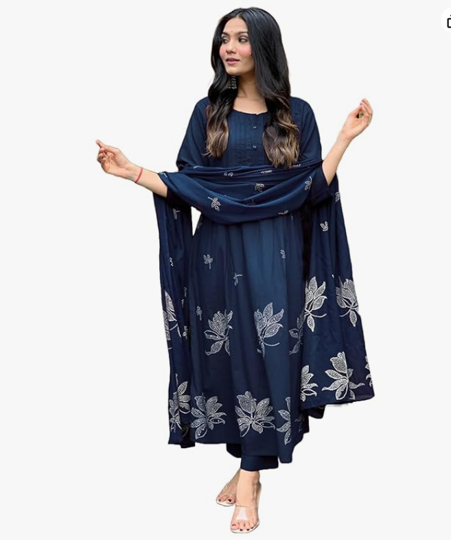 Women's Rayon Blend Anarkali Printed Kurta with Pant & Dupatta | Ethnic Kurta Pant Dupatta Set for Women