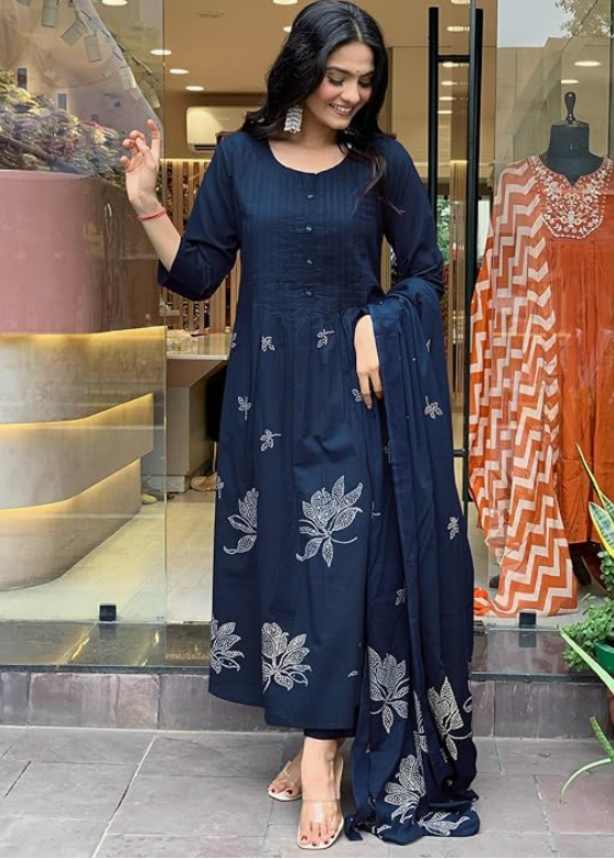 Alternative view of Women's Rayon Blend Anarkali Printed Kurta with Pant & Dupatta | Ethnic Kurta Pant Dupatta Set for Women