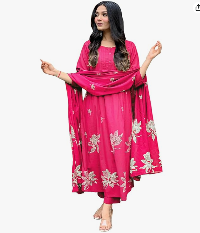 Women's Rayon Blend Anarkali Printed Kurta with Pant & Dupatta | Ethnic Kurta Pant Dupatta Set for Women