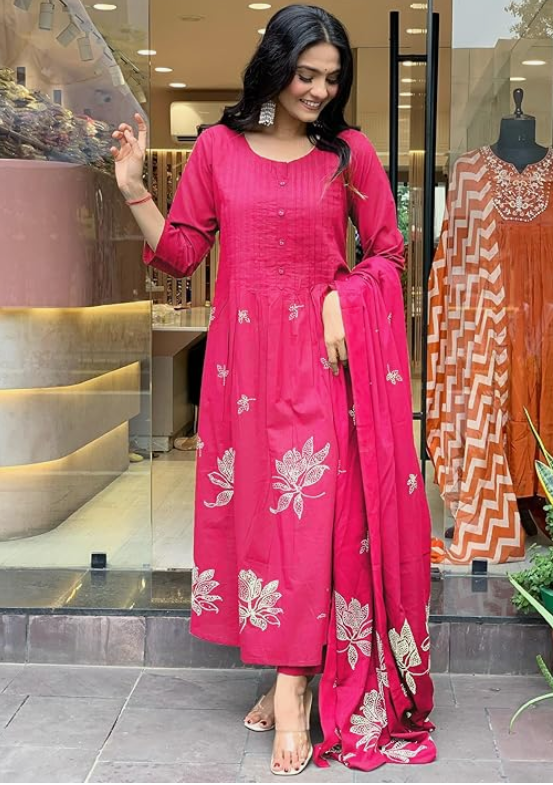 Alternative view of Women's Rayon Blend Anarkali Printed Kurta with Pant & Dupatta | Ethnic Kurta Pant Dupatta Set for Women