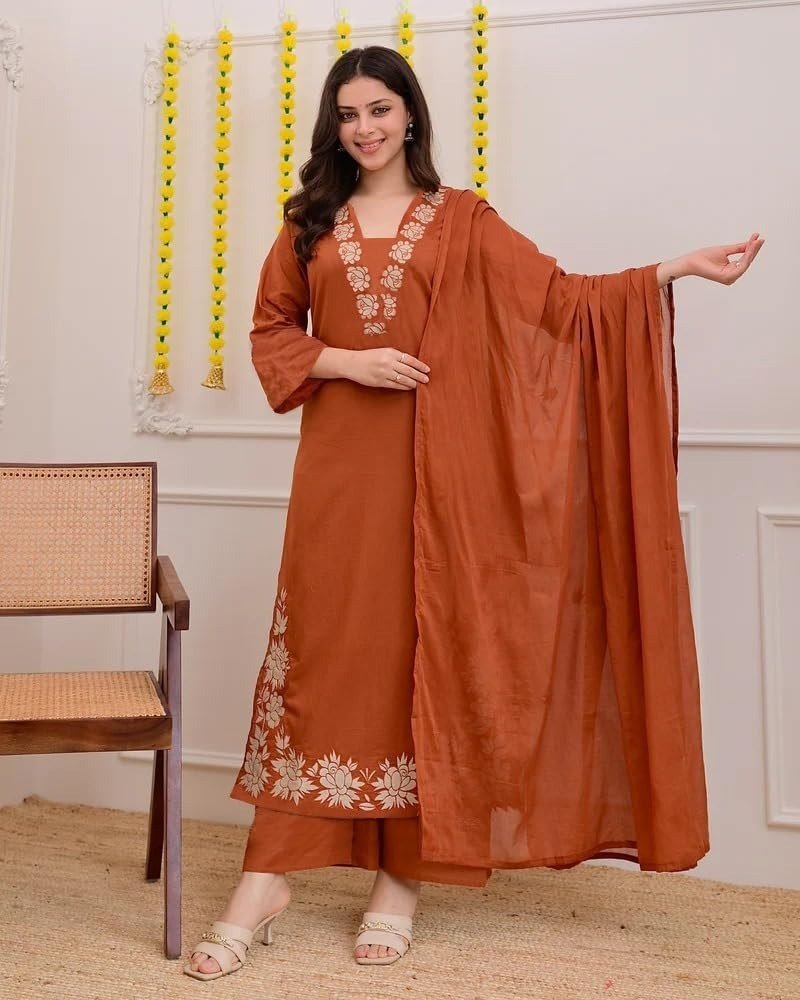 Alternative view of Pure Cotton Embroidered Kurta Set for Women | Rust Orange Kurta with Pants & Dupatta | Floral Neck & Hem Embroidery | Cotton Kurta Set for Women | 10 Colour Options Available