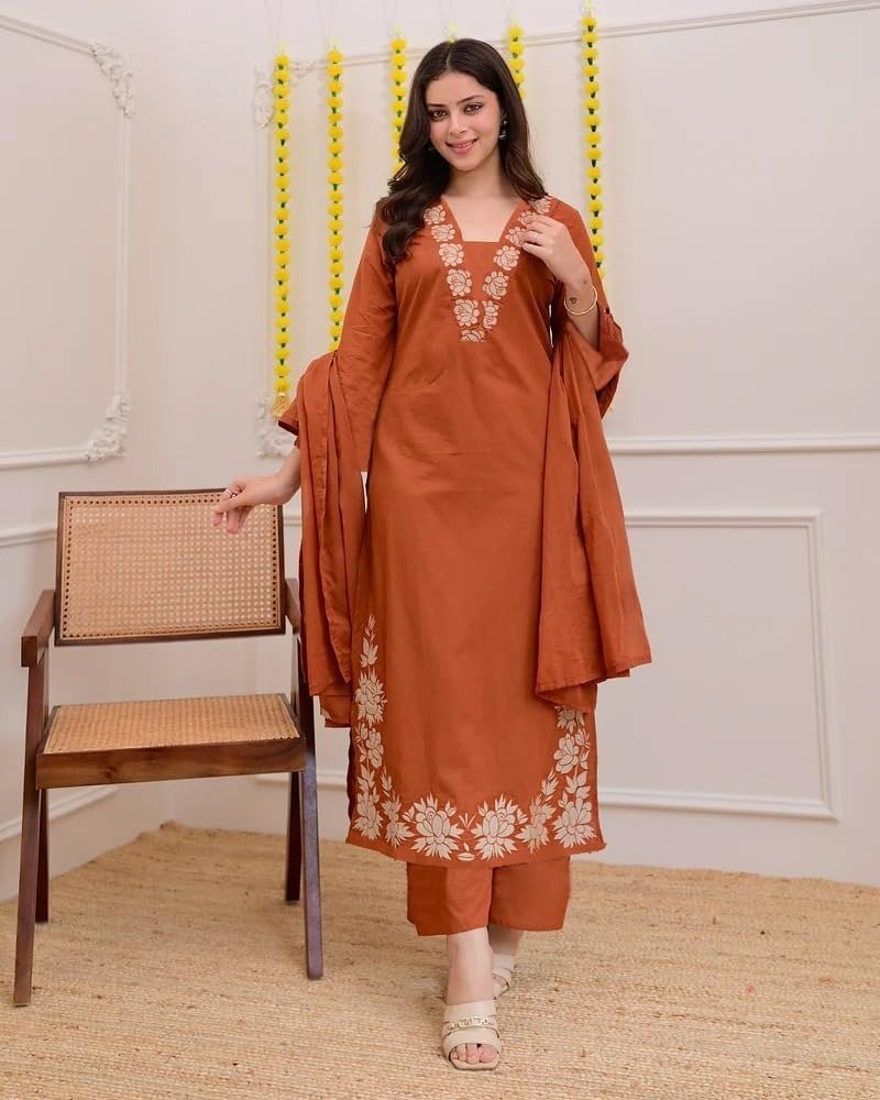 Pure Cotton Embroidered Kurta Set for Women | Rust Orange Kurta with Pants & Dupatta | Floral Neck & Hem Embroidery | Cotton Kurta Set for Women | 10 Colour Options Available