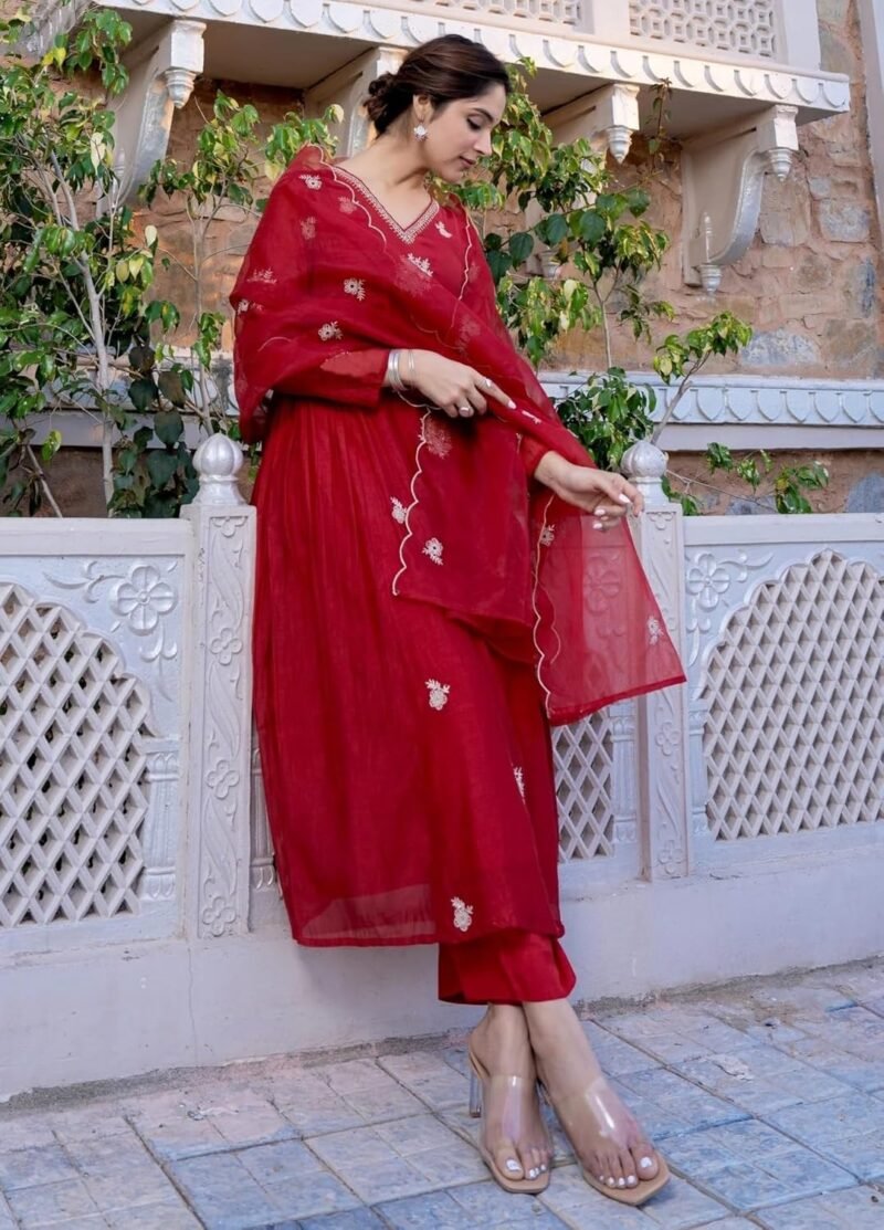 Alternative view of Women Embroidery Solid Anarkali Kurta and Pant Set with Dupatta