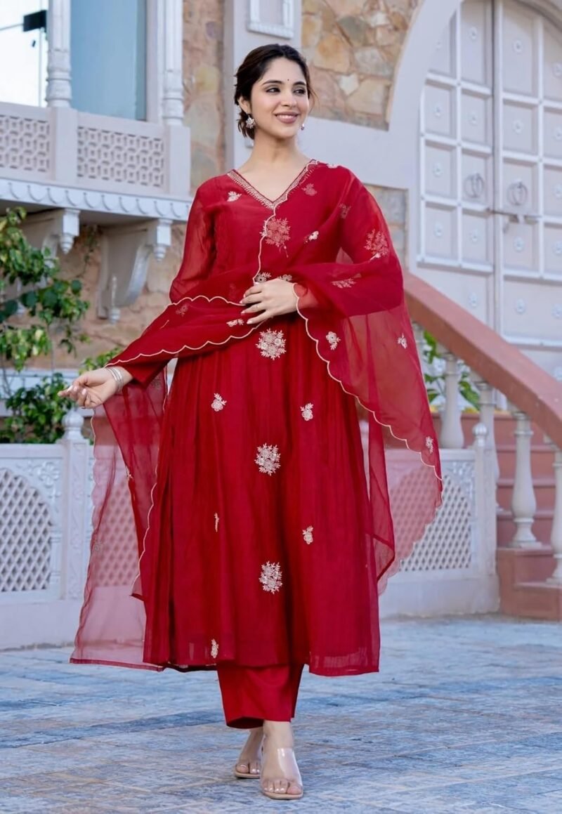 Women Embroidery Solid Anarkali Kurta and Pant Set with Dupatta