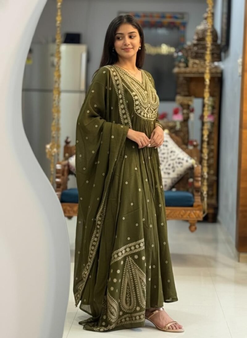 Alternative view of Women’s Rayon Viscose Printed Embroidered Anarkali Kurta with Pant & Dupatta | Ethnic Kurti Set with Embroidery | Soft Comfortable Fabric | Stylish Outfit for Festive, Office