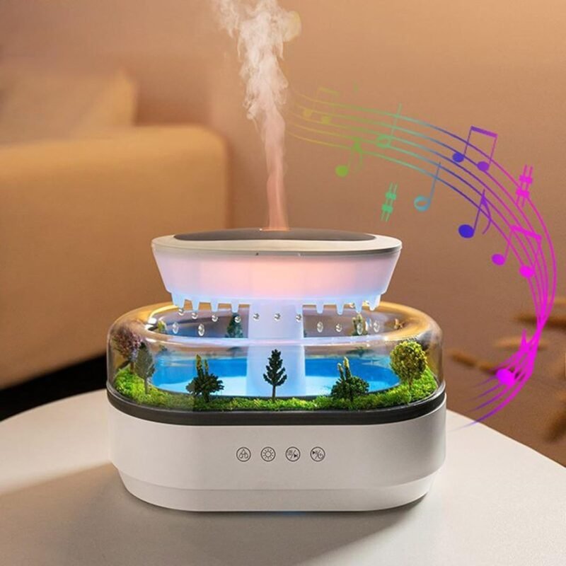 Plastic Musical Rain Drops Aroma Diffuser Humidifier for Home (with Inbuilt Soothing Music, Multi-Colour LED, 6 Inches Height, 250ml Tank) - White | Shop X Now