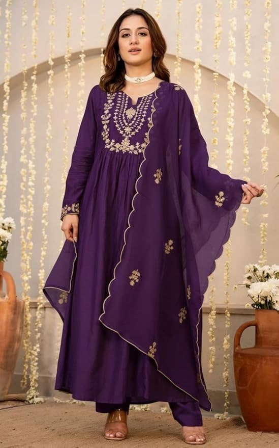 Women Embroidery Solid A-Line Kurta and Pant Set with Dupatta