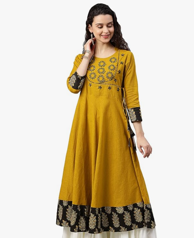 Women's Cotton Relaxed Fit Angrakha Slub Sequin Work Kurta