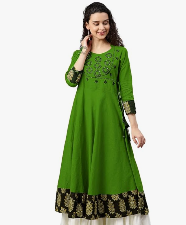 Women's Cotton Relaxed Fit Angrakha Slub Sequin Work Kurta