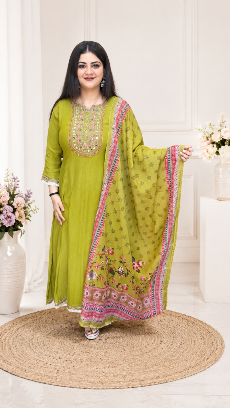 Women Mahindi Color Dress Work Best Desgine Collection