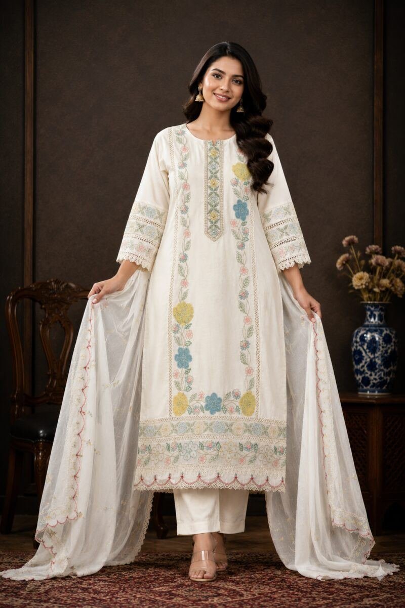 Women White Primnted Churidar Set